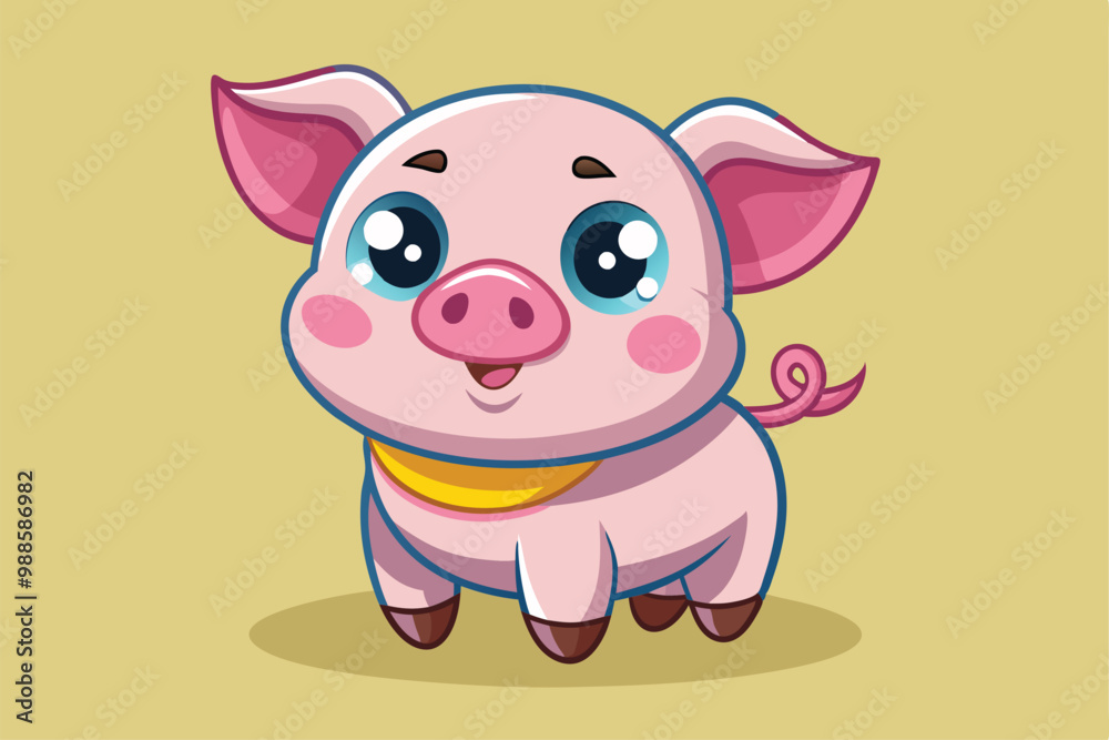 A cheerful baby pig character with big eyes and a playful smile stands on a plain background, a cartoon character of a Cute baby Pig A cheerful baby pig character with big eyes and a playful smile stands on a plain background, a cartoon character of a Cute baby Pig