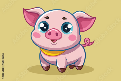 A cheerful baby pig character with big eyes and a playful smile stands on a plain background, a cartoon character of a Cute baby Pig