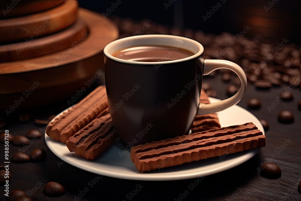 Stick Cookies, Biscuit Snack, Chocolate Wafer Sticks and Cup of Coffee with Milk on Gray Background Stick Cookies, Biscuit Snack, Chocolate Wafer Sticks and Cup of Coffee with Milk on Gray Background