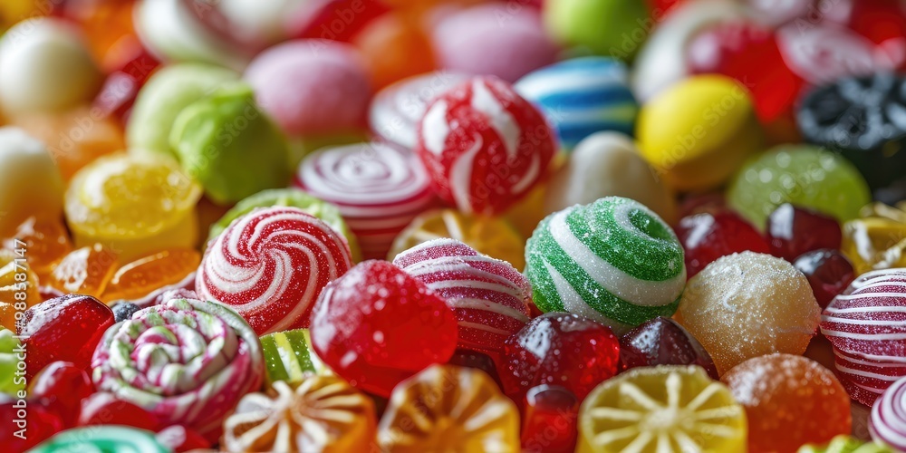 Fototapeta premium Colorful hard candies pile. Small shiny lollipop pile, fruit confectionery group, round sweets candies