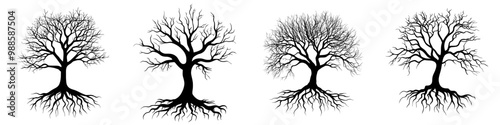 Modern illustration of a creepy dead tree silhouette. Autumn, winter season, nature death hand-drawn monochrome symbol. Scary tree with bare crown. Lonely wood, dry branches, root system.