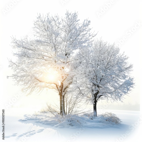Trees are covered in snow. The snow is around the trees.