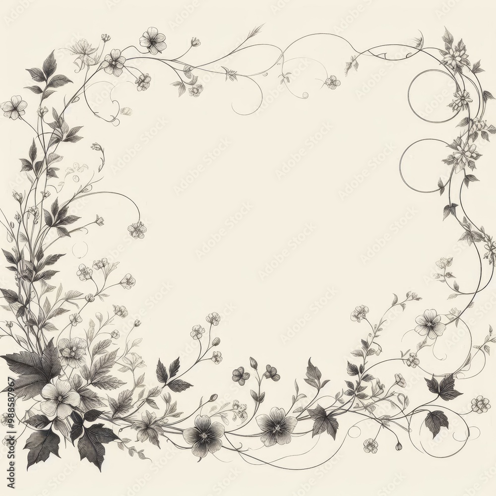 Delicate black and white floral frame with intricate designs and swirling leaves. Delicate black and white floral frame with intricate designs and swirling leaves.