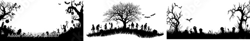 A Halloween cemetery silhouette depicting pumpkins and zombies. Modern creepy graveyard with skeleton hands sticking out. Trees, crows, fences, jack lanterns on white background, necropolis.