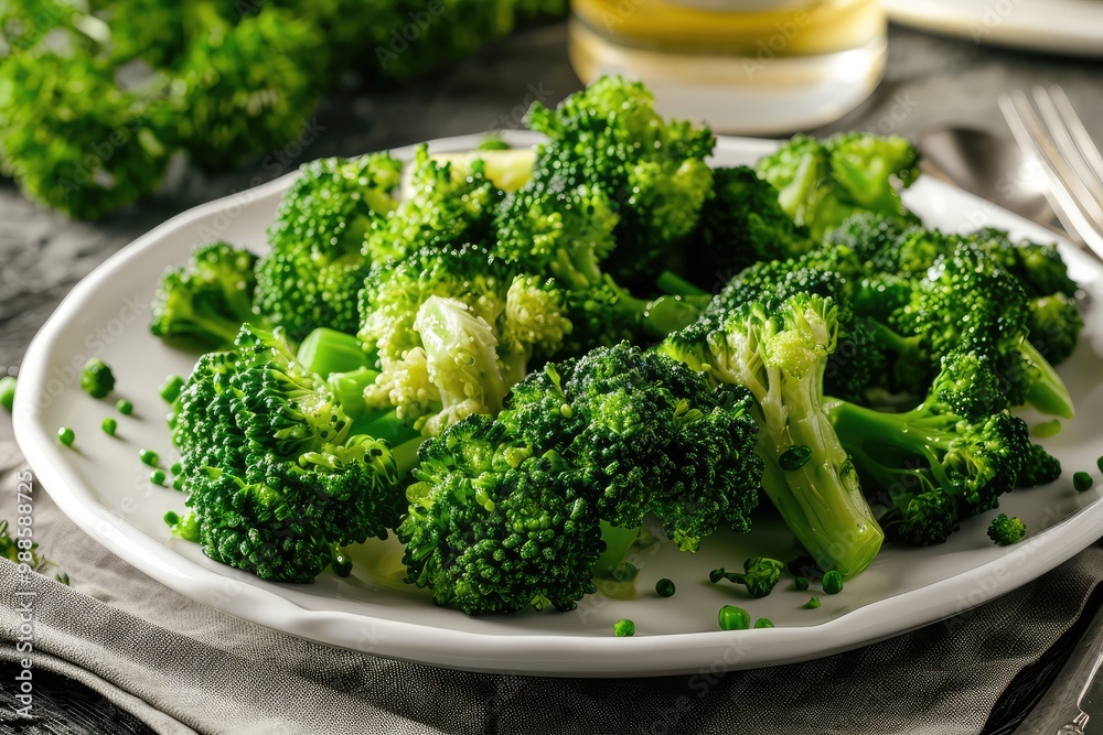 Steamed broccoli on white restaurant plate isolated. Green asparagus cabbage cooked on steam Steamed broccoli on white restaurant plate isolated. Green asparagus cabbage cooked on steam