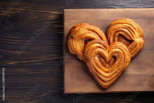 Palmiers Pastry, Palm Heart, Sweet Braided Elephant Ear, French Puff Pastry, Pate Feuilletee on Wood photo