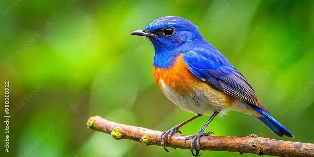 Naklejka premium A bright blue robin sits gracefully on a branch, surrounded by a serene green backdrop, showcasing its natural
