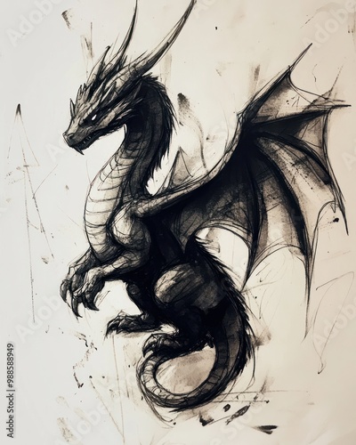 A hand-drawn illustration of a black dragon with wings spread. The dragon has a long snout, sharp claws, and scales. .