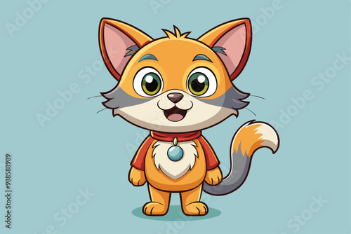 A cute cartoon cat stands happily, showcasing its bright eyes and fluffy tail, a cartoon character of a cute cats