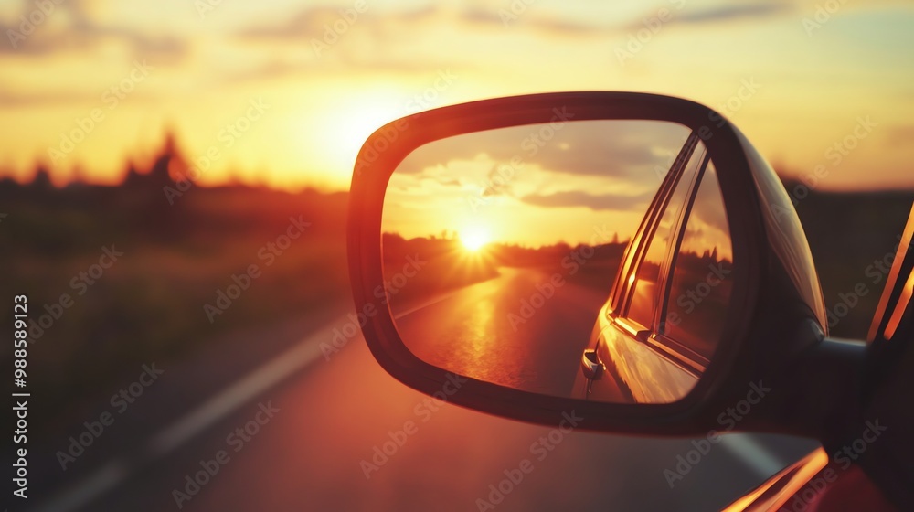 The setting sun is reflected in a car's side mirror. The setting sun is reflected in a car's side mirror.