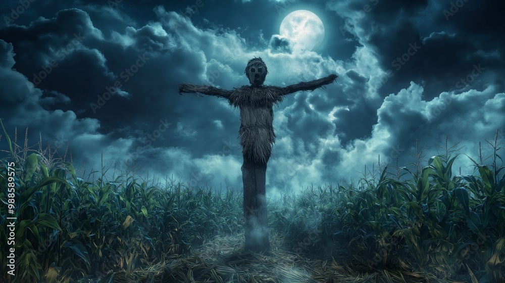 A weathered wooden scarecrow standing alone in a moonlit cornfield surrounded by swirling mist and dark clouds A weathered wooden scarecrow standing alone in a moonlit cornfield surrounded by swirling mist and dark clouds