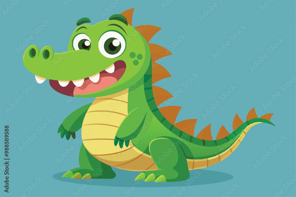 A friendly green crocodile character with a big smile and colorful spikes poses joyfully against a blue backdrop, a cartoon character of a Cute crocodile cartoon A friendly green crocodile character with a big smile and colorful spikes poses joyfully against a blue backdrop, a cartoon character of a Cute crocodile cartoon
