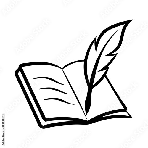 Icon of an open book with a quill symbolizing history and knowledge in black line art