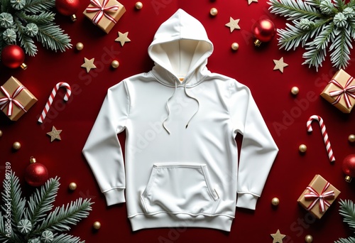 christmas gift wrapping on a red background with a white hoodie mockup