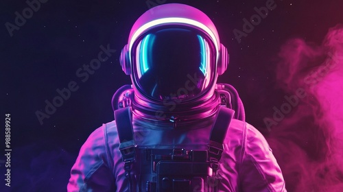 A psychedelic astronaut in a retro style, surrounded by neon light in shades of pink, purple, and violet. The space suit is showcased from the front, glowing with trendy, vibrant colors.