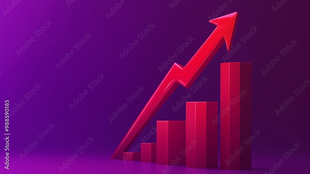 Red growth chart with rising bars against a purple background illustrating economic progress and business success Red growth chart with rising bars against a purple background illustrating economic progress and business success