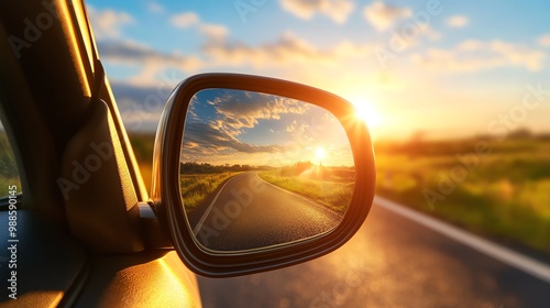 The setting sun is reflected in a side view mirror of a car.