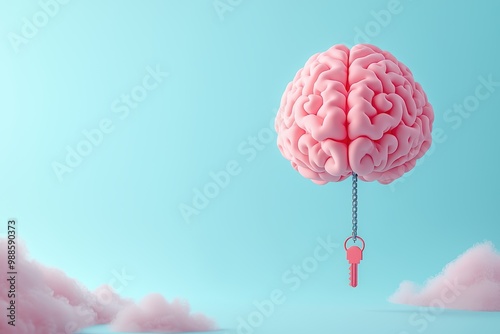 Pink brain with a key, suspended in a dreamy sky, ethereal background.