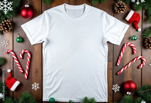 white t - shirt on wooden background with christmas decorations