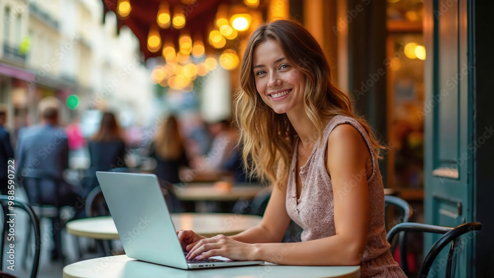 Urban digital nomad. A young woman works on her laptop at a city café, embodying the freedom of remote work. Ideal for business, lifestyle, technology, and travel themes.