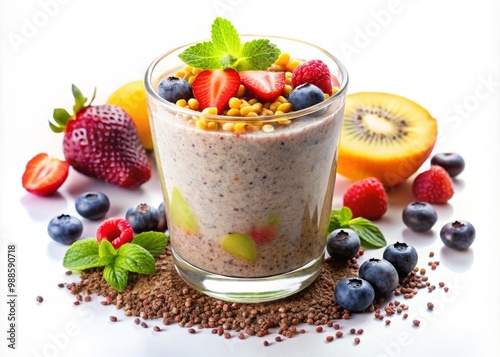 A clear glass holds a radiant smoothie, blending flax seed's subtle nuttiness with fresh fruit and crunchy chia photo