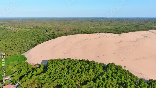 Landes de Gascogne, France: Aerial view of famous Dune du Pilat (Dune of Pilat), tallest sand dune in Europe between ocean & forest, summer day with blue sky - landscape panorama of Europe from above
 photo