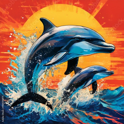 Two playful dolphins leap joyfully out of the ocean as the sun sets behind them. This vibrant illustration captures the dynamic motion and energy of the dolphins against a colorful sunset sky.. AI photo