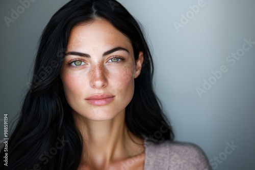 Close-up portrait of a beautiful woman in a studio with background.