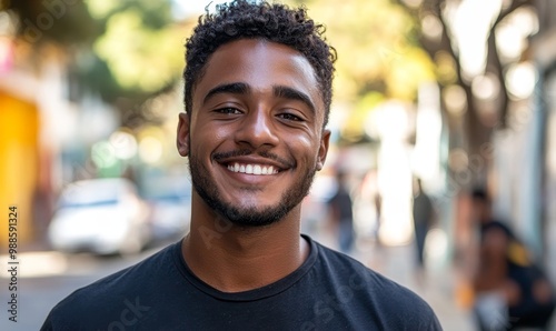 One happy black Brazilian young man standing by sidewalk street smiling at camera. Authentic real life from South America portrait with friendly, Generative AI