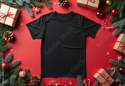 black t - shirt mockup on red background