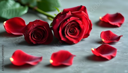 scattered red rose petals creating a romantic and elegant atmosphere on a smooth surface