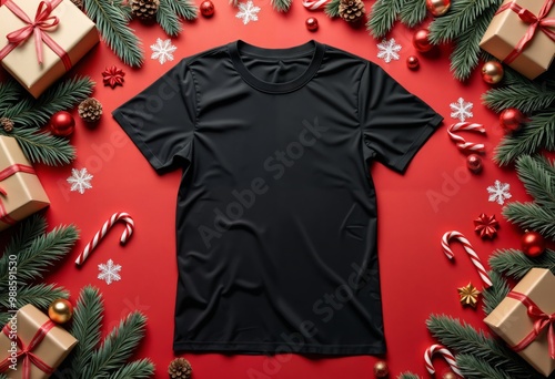 black t-shirt on red background with christmas decorations