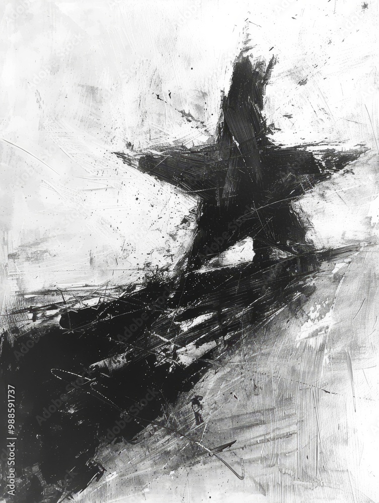 Fototapeta premium Christmas star. Black and white grunge draw on the theme of Christmas decorations. Gloomy, brutal style showing the dark side of Christmas.