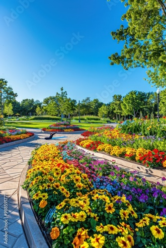 A vibrant yoga session in a park with colorful flower beds and a clear blue sky