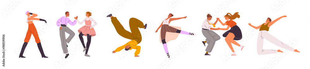 Fototapeta premium Dancers set. Young artists dance ballet, vogue, twist, lindy, breakdancing. Men and women show by hiphop or jazz. Performers with music performance. Flat isolated vector illustrations on white