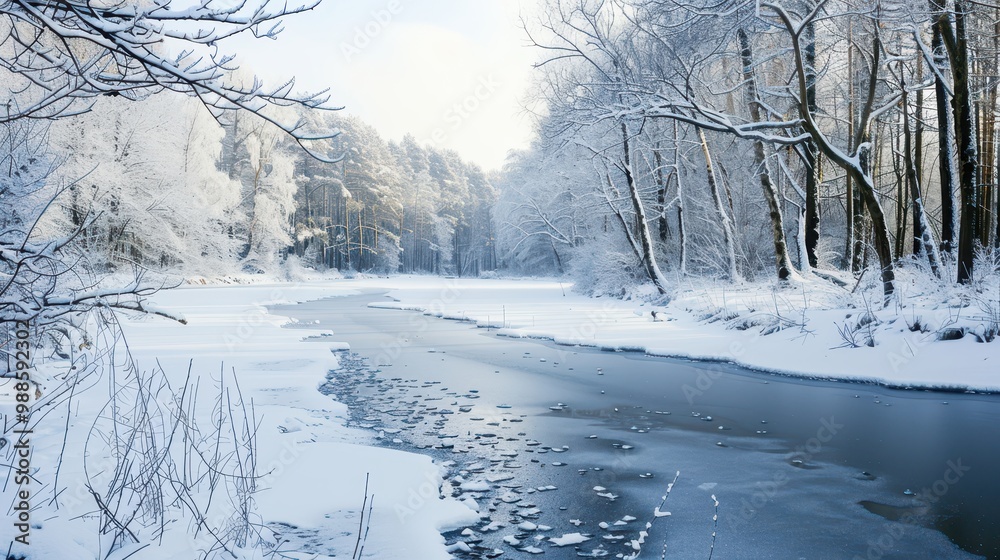 Obraz premium Frozen river winding through a snowy forest, soft reflections of the trees on the ice, bare branches, ample space for copy in the sky. 