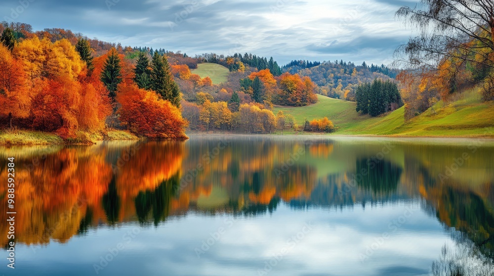Fototapeta premium A serene lake surrounded by rolling hills and autumn-colored trees, with calm water reflecting the vibrant foliage.
