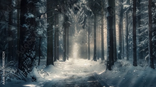 Winter forest path, surrounded by towering snow-covered trees, gentle light filtering through, ample space above the path for copy. 