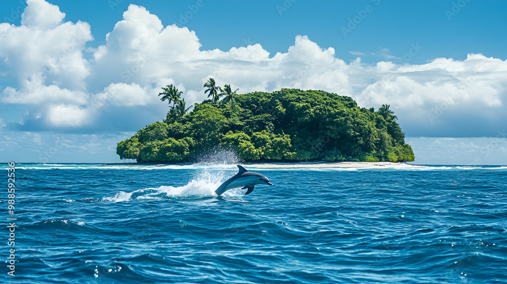 Obraz premium An island surrounded by a barrier reef with dolphins leaping in the waves beyond the reefs edge.