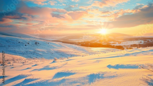 Frosty winter landscape, rolling hills blanketed in snow, clean open space in the foreground for text, sunrise casting a warm glow on the horizon. 