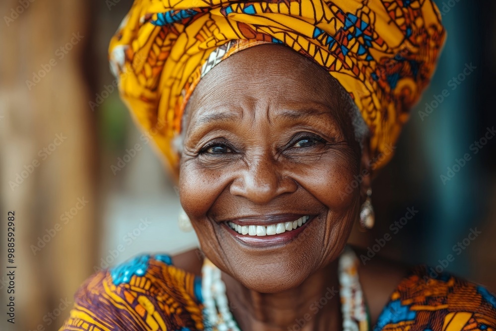 Fototapeta premium Happy african senior woman laughing and looking in camera - Portrait of real and authentic person wearing traditional dress, Generative AI