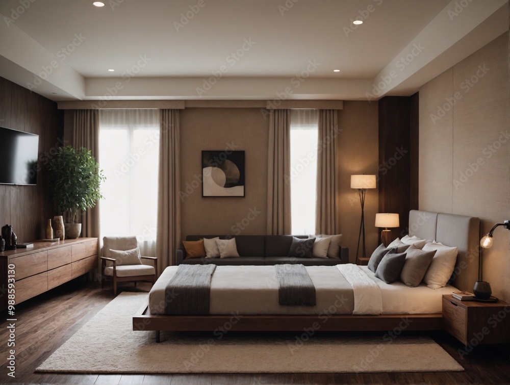 A neat and clean master bedroom interior design 3d illustration template and interior rendering mockup template. A neat and clean master bedroom interior design 3d illustration template and interior rendering mockup template.