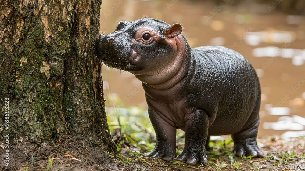 Naklejka premium A baby hippo is standing in the mud near a tree