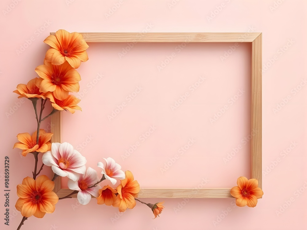 Floral Elegance: A Minimalist Wooden Frame with Vibrant Orange and Pink Flowers on Soft Pastel Background Floral Elegance: A Minimalist Wooden Frame with Vibrant Orange and Pink Flowers on Soft Pastel Background