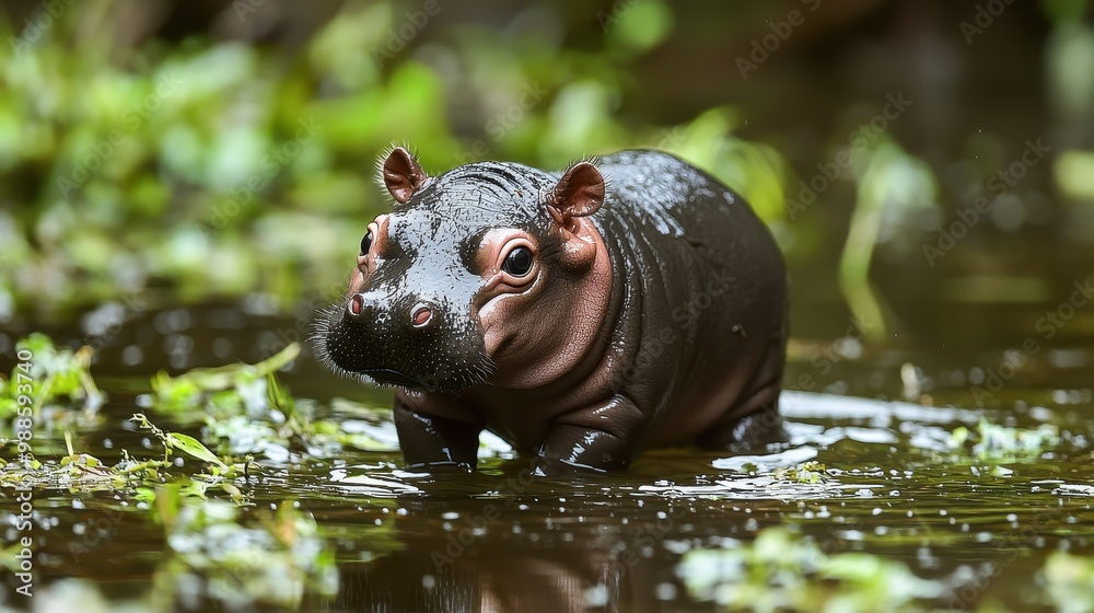 Fototapeta premium A baby hippo is standing in a pond