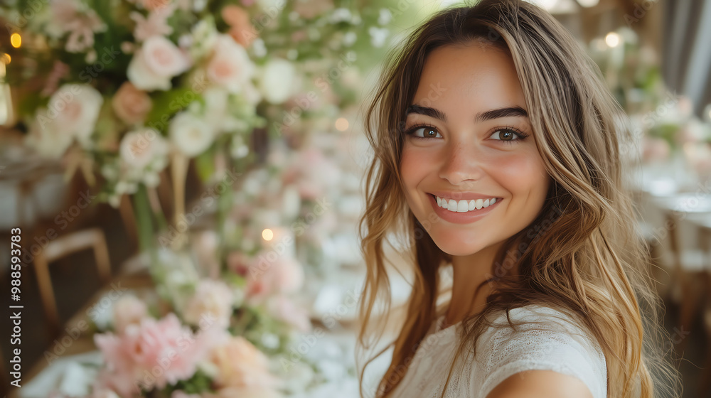 Smiling Woman Taking a Selfie at a Beautiful Outdoor Wedding Event Surrounded by Floral Decorations Smiling Woman Taking a Selfie at a Beautiful Outdoor Wedding Event Surrounded by Floral Decorations