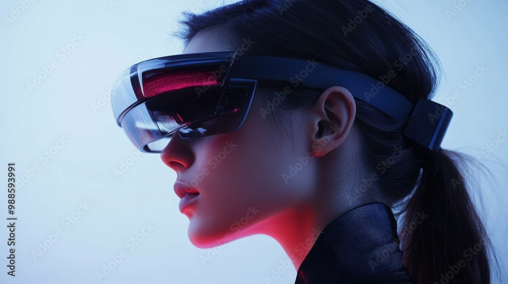 Woman wearing futuristic VR headset Woman wearing futuristic VR headset