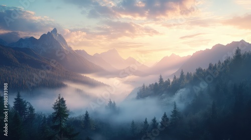 A serene view of a misty mountain range at sunrise, with soft light filtering through the clouds and reflecting off the distant peaks.