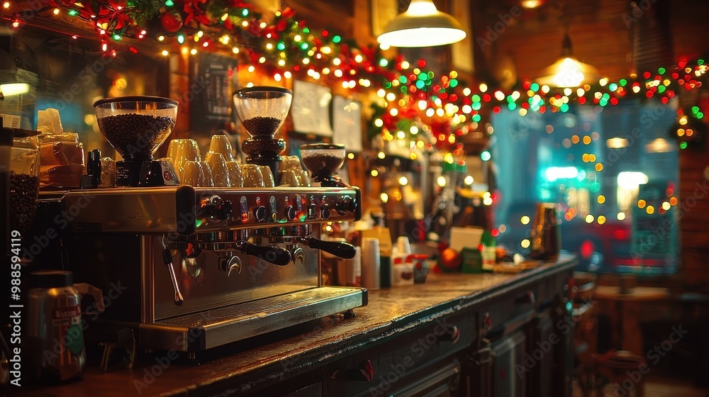 A coffee shop with a Christmas tree and lights hanging from the ceiling A coffee shop with a Christmas tree and lights hanging from the ceiling