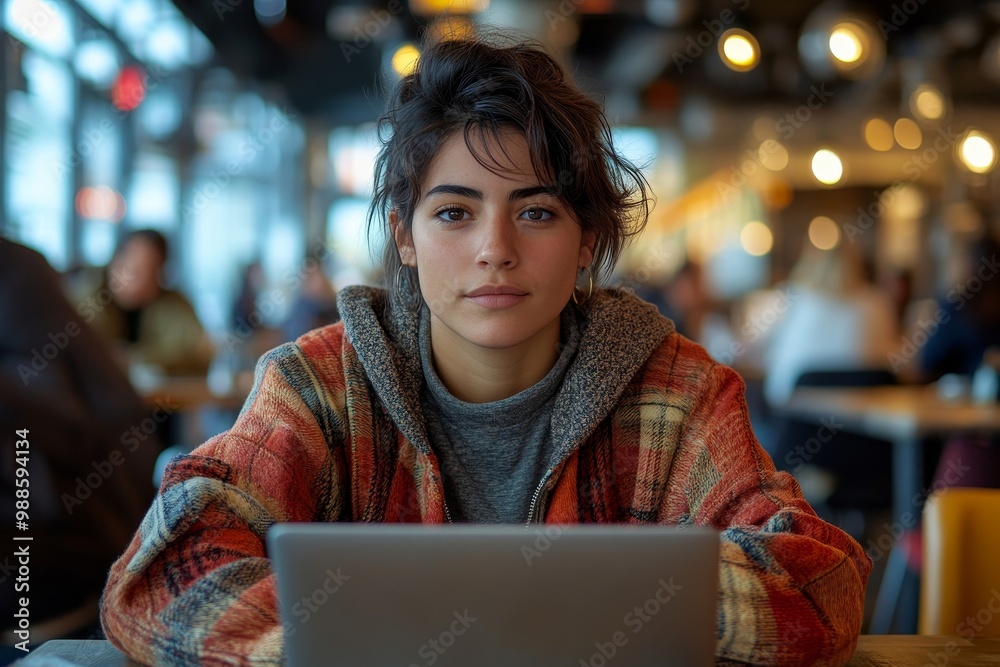 Casual portrait of a Non binary hispanic transgender mid Tomboy using laptop computer in a modern cafeteria restaurant. Androgynous authentic identity. Generative AI Casual portrait of a Non binary hispanic transgender mid Tomboy using laptop computer in a modern cafeteria restaurant. Androgynous authentic identity. Generative AI
